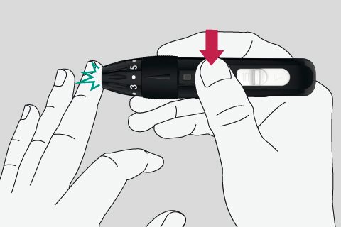 Place the lancing device on the side of your finger tip