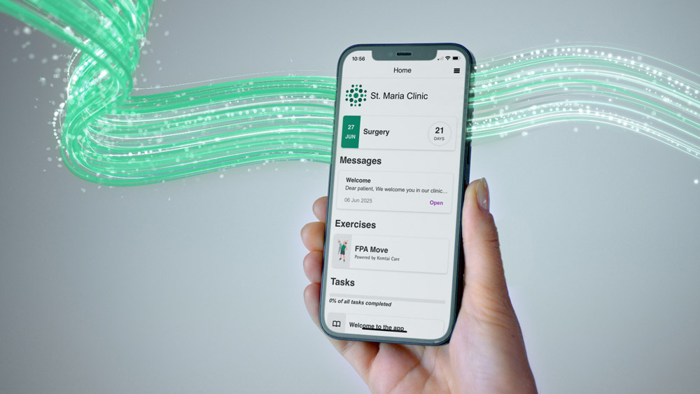 A hand holds a smartphone displaying the forpatientapp interface, featuring surgery countdown, messages, exercises, and task progress. A green data stream flows into the phone from the left and exits on the right, symbolizing the continuous flow of data.